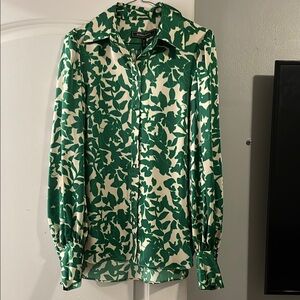 BCBG Maxazria Green and White Floral Blouse